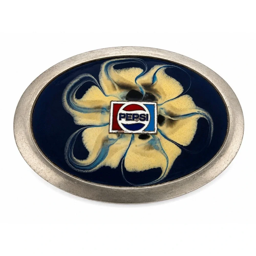 Pepsi Logo Belt Buckle Blue Cream Swirl Enamel Soda Advertising Oval Vintage